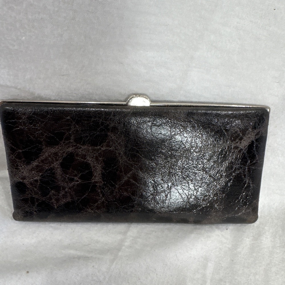 LODIS Clutch Wallet Brown Leather Silver Framed Rare 7.5 X 4" Card Bill Holder